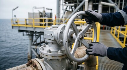 Fototapeta premium Worker operating valve on offshore oil rig platform at sea using protective gloves. concept of industrial labor, energy production, offshore engineering, occupational safety.