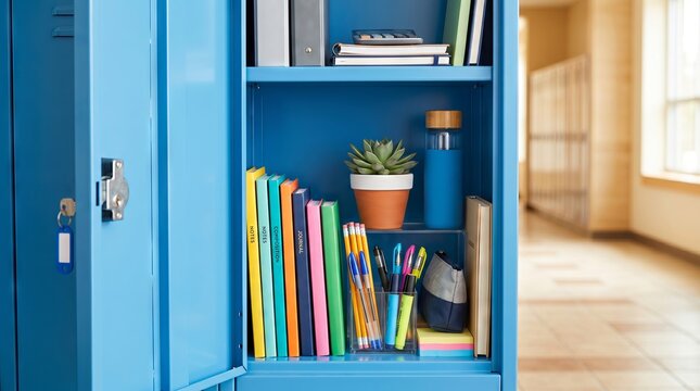 Blue school locker with colorful books, pens, and decor including a small potted plant for organized student storage and inspiration in educational environments.