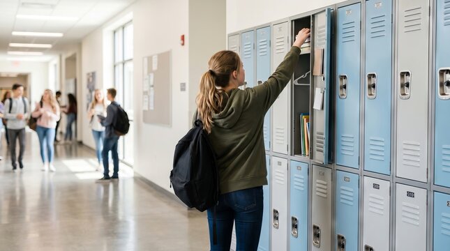 High school student organizing locker in hallway with peers during busy school day. concept of student life, school organization, adolescent routine, academic environment.