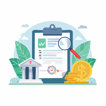 Financial Audit and Analysis with Magnifying Glass and Coins