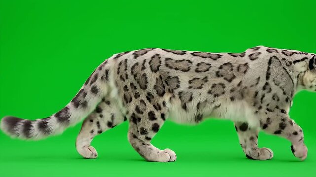 Snow leopard walking across a green screen background for microstock video animation