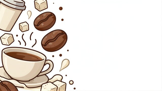 Coffee beans cup and sugar cubes float beside steaming coffee