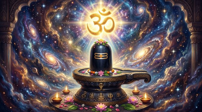 Golden glowing shiva lingam with om symbol in cosmic space background for nag panchami representing divine energy sacred power and hindu cosmic universe