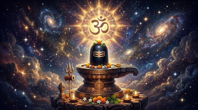Golden glowing shiva lingam with om symbol in cosmic space background for nag panchami representing divine energy sacred power and hindu cosmic universe