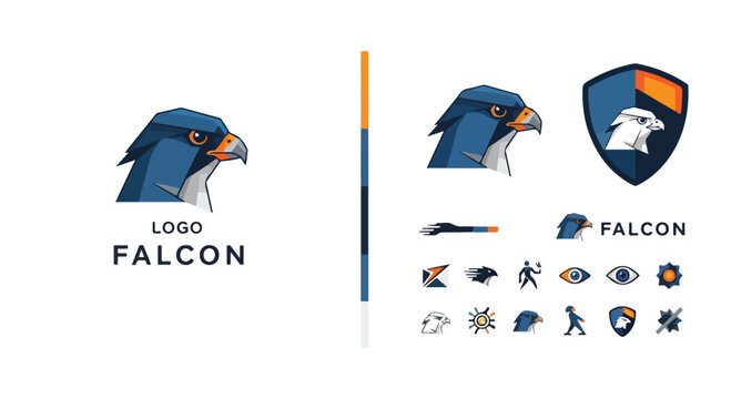 Collection of blue falcon logos and icons with orange accents on white background for sports teams