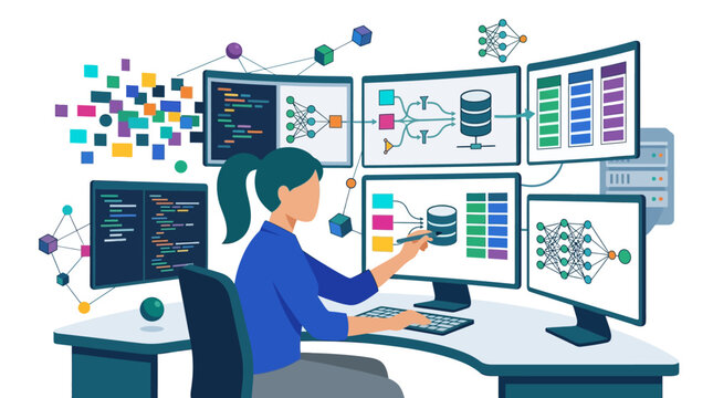 Flat faceless vector illustration of a female data scientist working at a desk with screens displaying neural networks, computer code, database architecture, and data analytics.