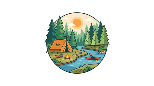 Outdoor Camping Adventure Scene with Tent, River, and Forest