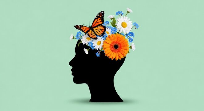 Black silhouette of a human head filled with colorful flowers and a butterfly