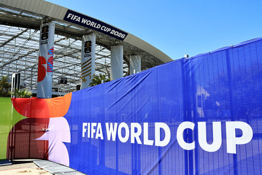 Inglewood, Los Angeles County, California &ndash; June 9, 2026: FIFA World Cup 2026 event branding displayed outside SoFi Stadium in Inglewood, California 