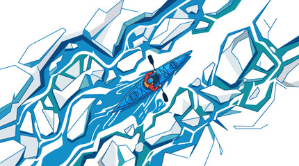 Kayaker Navigating Icy River, Arctic Adventure, Extreme Sport Illustration © mus