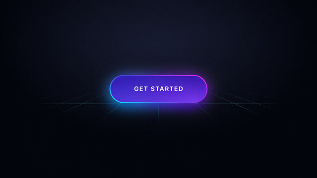 Glowing purple "get started" button on dark background, neon