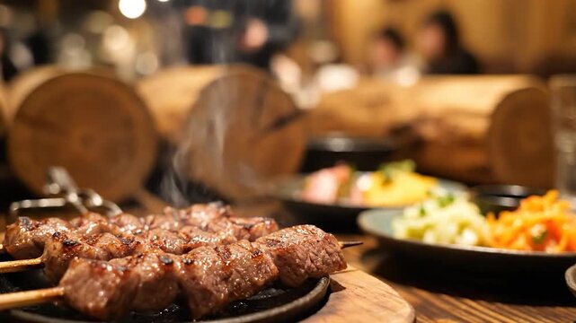 Grilled beef skewers steaming on a wooden platter in a rustic restaurant setting with warm lighting