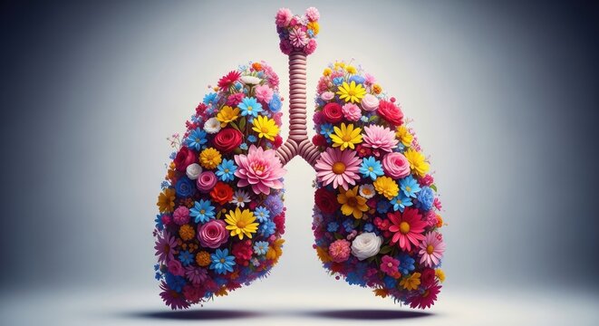 Colorful flowers covering human lungs and trachea pink
