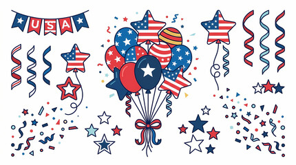 Fototapeta premium Vibrant Patriotic Celebration Elements Set with Red, White, and Blue Balloons, Stars, Ribbons, and Confetti – Ideal for American Holiday Designs