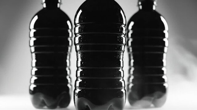 Three tall bottles in a row with condensation and wisps of vapor on a grayscale background