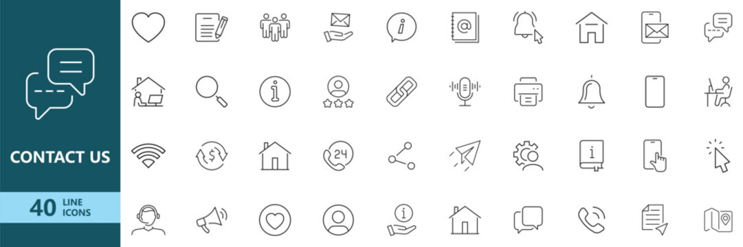 Contact Us Icon Set. Featuring Phone Call, Email, Live Chat, Customer Support, Help Desk, Location and More. Editable Stroke. Vector Illustration