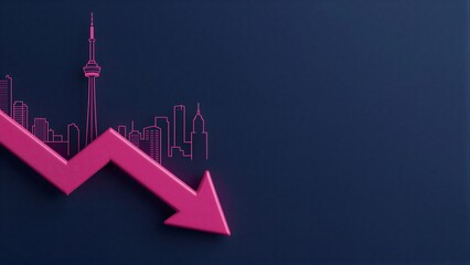 Naklejka premium Pink arrow points down against city skyline symbolizing economic