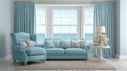 Fototapeta premium Cozy Coastal Living Room with Blue Sofa and Scenic Ocean View through Large Windows