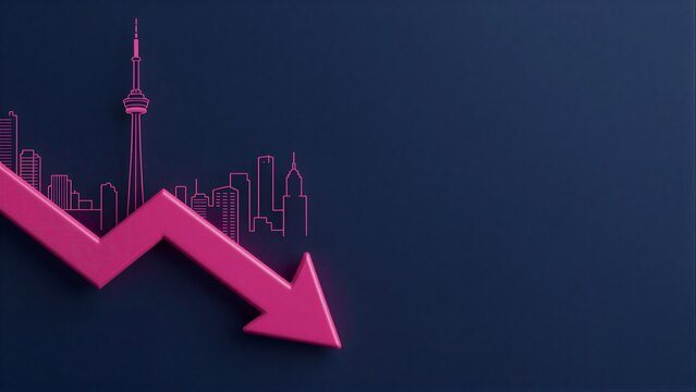 Pink arrow points down against city skyline symbolizing economic