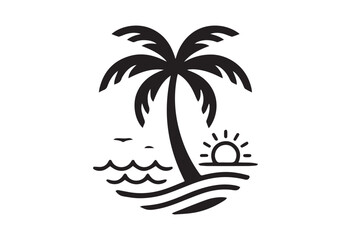 Obraz premium Palm tree silhouette on small island. Palm tree silhouette with beach elements.