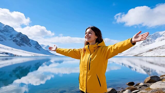 Woman in yellow jacket by mountain lake