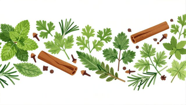 Fresh herbs and spices like cinnamon rosemary and cloves scattered on