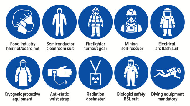 Set of mandatory safety equipment icons for industrial and professional work environments.