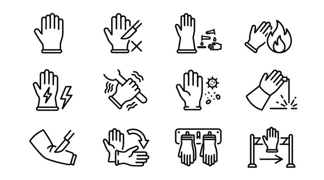 Set of safety gloves line icons for industrial and protective gear.