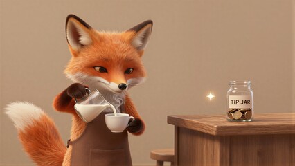 Fototapeta premium A fox in an apron pours milk into a cup near a tip jar.