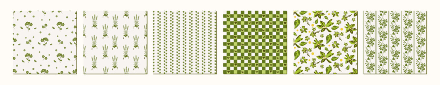Green Botanical Seamless Pattern Collection Bundling with Floral, Leaves, Checkerboard and Stripe Designs