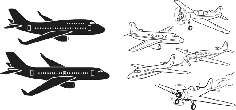 Black and white of four different airplanes in flight aircraft propeller plane