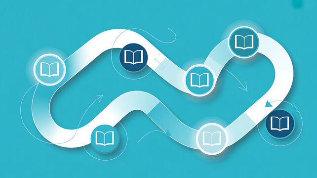 Infographic of an infinite loop with book on a blue background, book blue background, white ribbon educational
