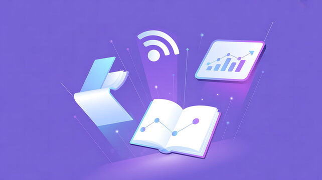 3 d of an open book, folder, and tablet with graphs, connected by wi-fi, on a purple background, 3d book