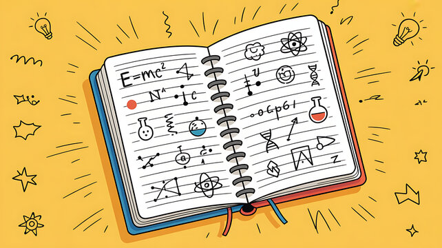 Spiral-bound notebook with science equations and symbols on yellow background