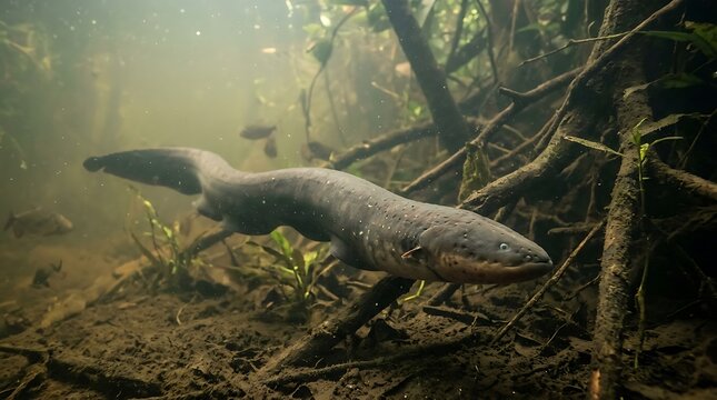 electric eel swimming at the bottom of the river