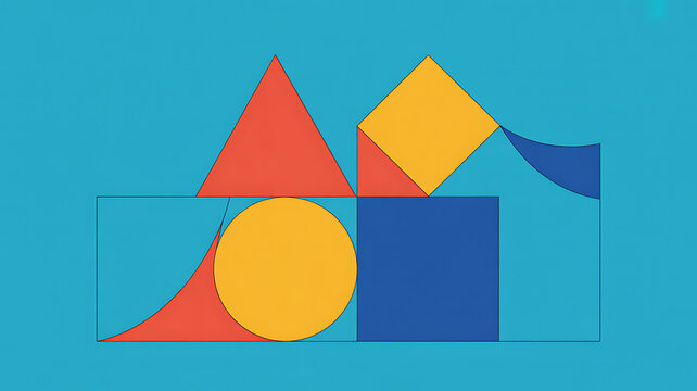 Geometric shapes composition, colorful blocks and solids on blue background