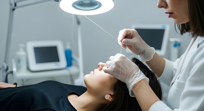 Professional Eyebrow Threading Procedure in a Modern Beauty Clinic