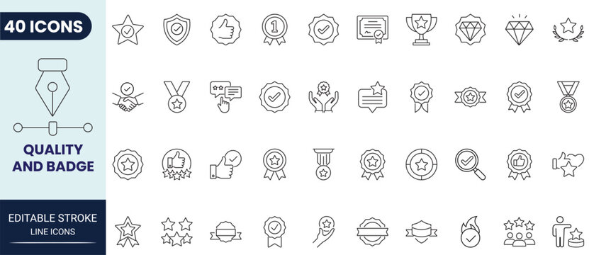 Quality and badge icon set in outline style. Collection of quality, badge, certification, guarantee, award, and achievement icons. Editable stroke. Vector icon collection.