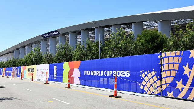 Inglewood, Los Angeles County, California &ndash; June 9, 2026: Exterior view of SoFi Stadium with FIFA World Cup 2026 branding, modern sports and entertainment venue 