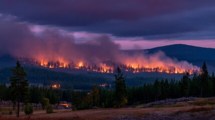 Obraz premium Majestic Wildfire Landscape at Dusk with Smoke and Flames Lighting Up the Forest Horizon in a Remote Area of Nature’s Beauty