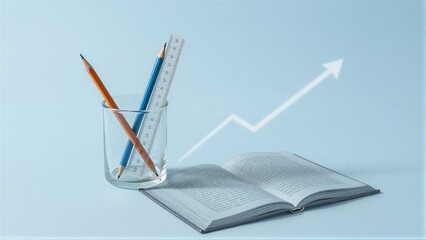 Naklejka premium Pencils ruler and book with upward arrow symbolizing growth in