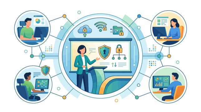 Flat vector illustration of a cybersecurity specialist presenting data protection strategies to a remote team working on computers, featuring network security icons and shields.