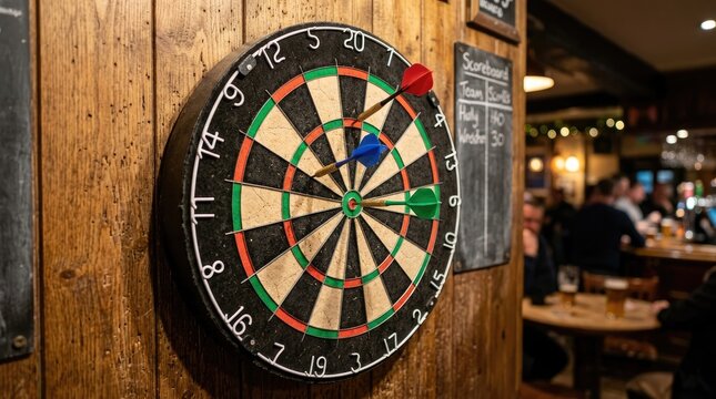 A dartboard hangs on a dark wooden wall in a pub. The dartboard is prominently displayed, with three darts already stuck in it.