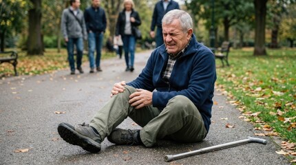 Obraz premium An elderly man sits on the pavement, clutching his knee in pain. He is leaning on a walking stick.