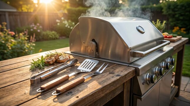 Stainless steel outdoor gas grill with grilling tools on a wooden table at sunset.
