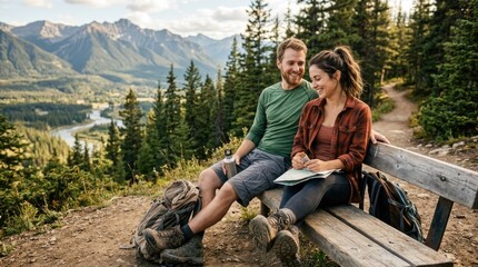 Naklejka premium A smiling man and woman sit together on a wooden bench overlooking a scenic mountain valley. They are studying a map and appear to be planning a hike.