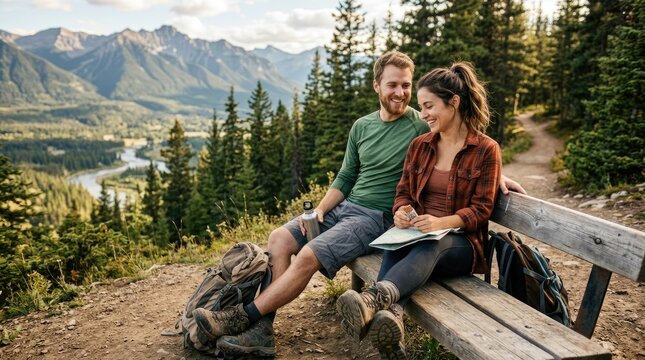 A smiling man and woman sit together on a wooden bench overlooking a scenic mountain valley. They are studying a map and appear to be planning a hike.