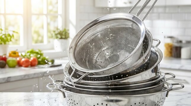 Stack of stainless steel kitchen colanders and strainers on a marble countertop.
