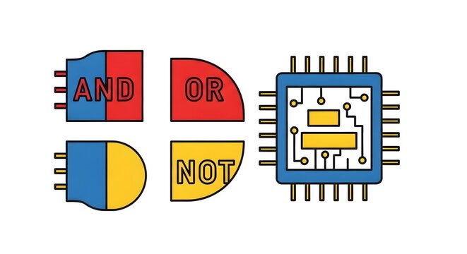 Colorful vector illustration of logic gates and microchip icons
