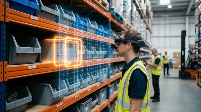 Warehouse worker using augmented reality smart glasses for inventory management.